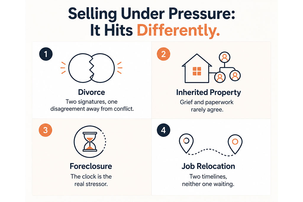 Infographic showing stressful reasons for selling a house including divorce, inherited property, foreclosure, and job relocation