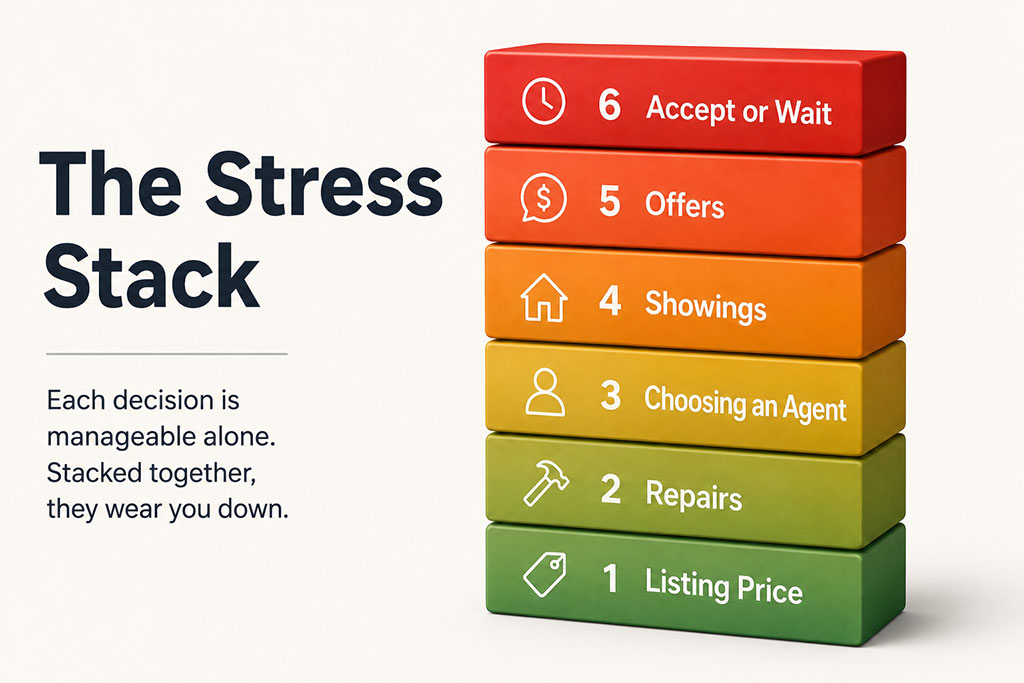 Infographic showing the stress stack of selling a house from listing price to accepting an offer